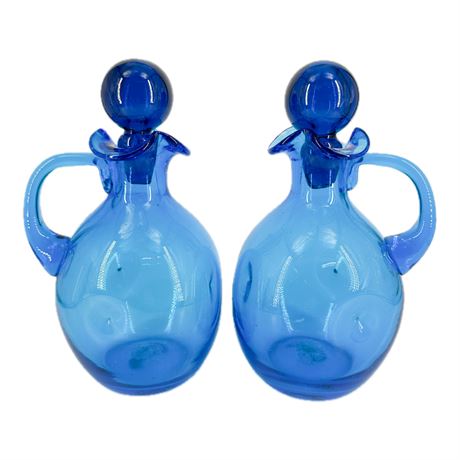 Pair of Vintage Indiana Blue Art Glass Pinched Decanters w Stoppers