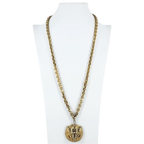 Vintage Chunky Gold Tone Lion Leo Zodiac Necklace