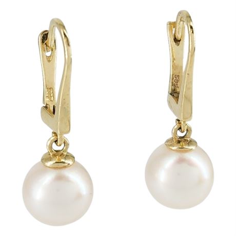 Vintage 14K Gold 8mm Genuine Pearl Drop Earrings