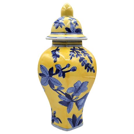 Yellow & Blue Floral Chinoiserie Ceramic Ginger Jar w/ Lid