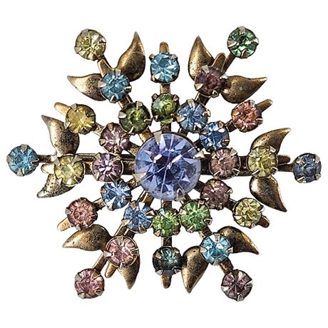 Vintage Pastel Rhinestone Snowflake Burst Brooch