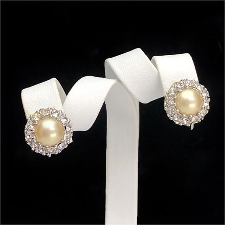 Vintage Signed Ciner Faux Pearl halo Rhinestone Silver Tone Earrings