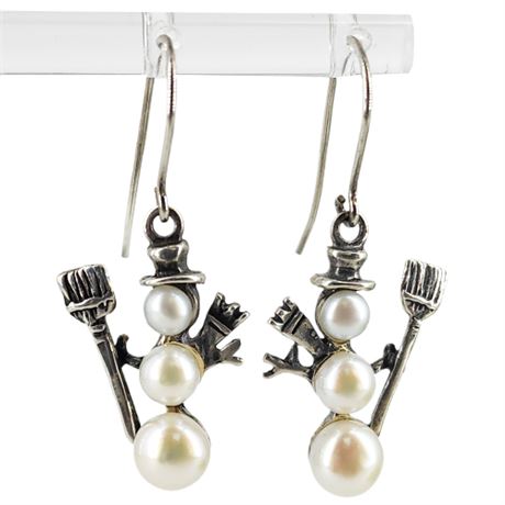 Signed Silpada Sterling Silver Genuine Freshwater Pearl Snowman Earrings