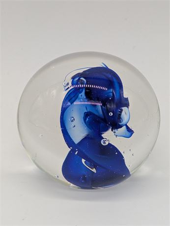 Signed Vintage Art Glass Paperweight Controlled Bubble Blue Hand blown