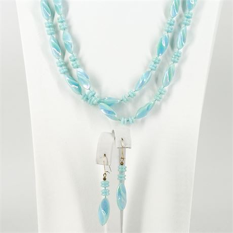 Vintage Iridescent Aqua Lucite Beaded Necklace and Earring Set