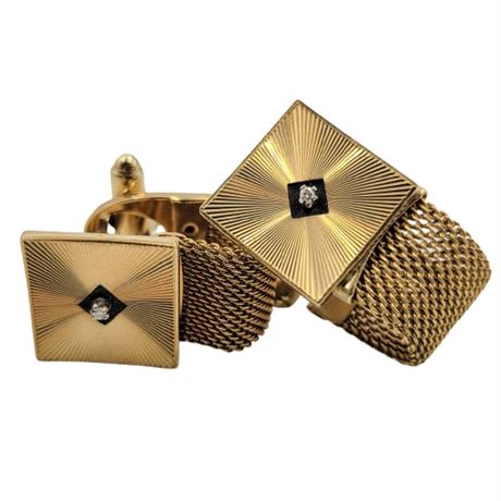 Vintage Gold Tone Cuff Links with Rhinestone Center