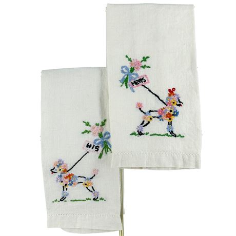 Matching Vintage Linen Hand-Embroidered His & Hers Hand Towels