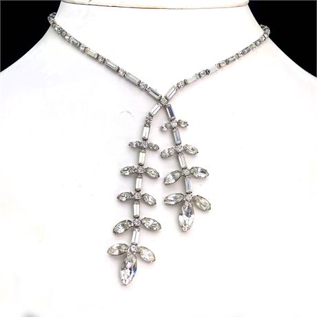 Vintage Prong Set Clear Marquise & Baguette Rhinestone Necklace Hallmarked "D"