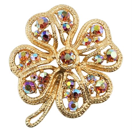 Vintage Chunky Aurora Borealis Rhinestone 4-Leaf Clover Brooch