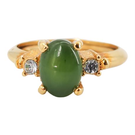 Vtg AVON Gold Tone Genuine Nephrite Jade & Rhinestone Ring, Sz 3 to 5