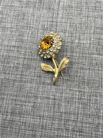Amber stone and rhinestone filigree flower brooch