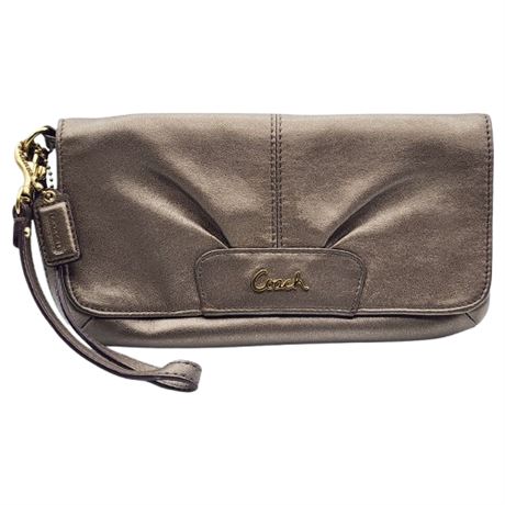 Coach Ashley Large Pleated Leather Wristlet Wallet in Metallic Bronze