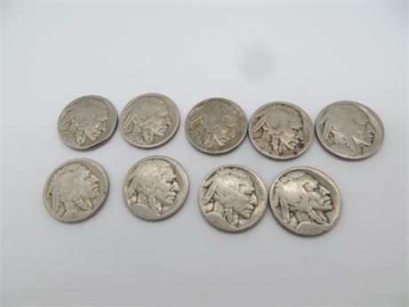 9 Indian Head or Buffalo Nickels