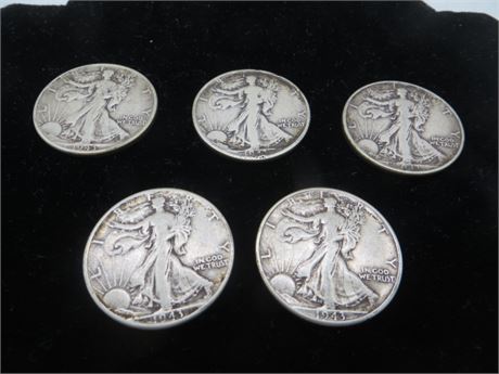 Five 1943 Walking Liberty Half Silver Dollars