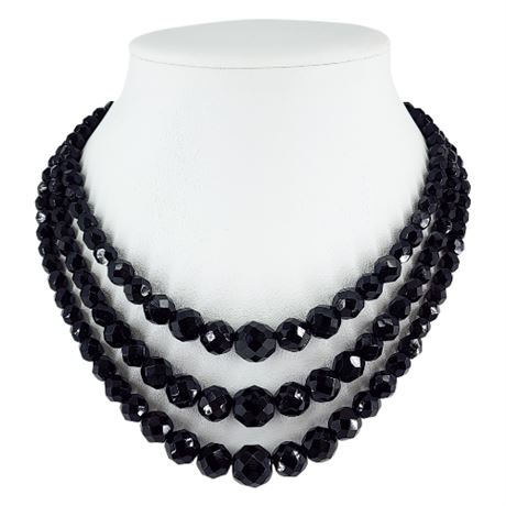 Signed Vintage LAGUNA 3-Strand Black Faceted Glass Bead Necklace