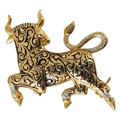 Vintage Spanish Damascene Style Enamel Bull Brooch