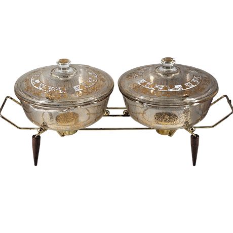 Georges Briard Gold Grapevine Design Glass Double Chafing Dish Set