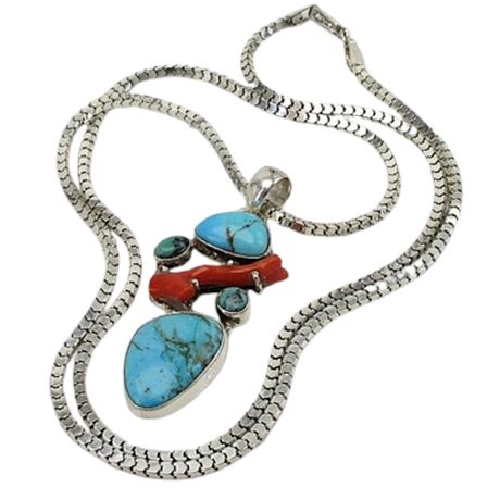 925 Turquoise Coral Pendant Necklace ~ 24 & 1/2" Chain