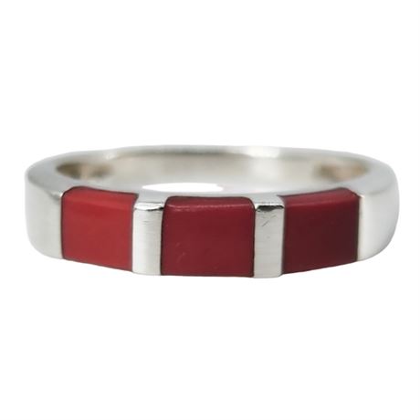 Vintage Sterling Silver Faux Coral Inlay Ring, Sz 8