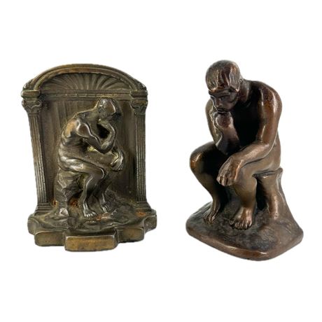 Pair of Mismatched Antique "Thinker" Bronze Bookends