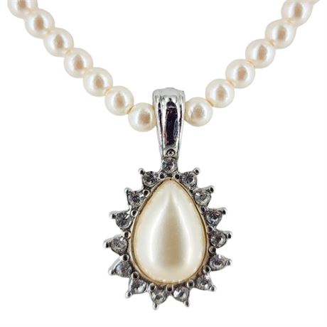 Signed MONET Faux Pearl & Rhinestone Drop Necklace
