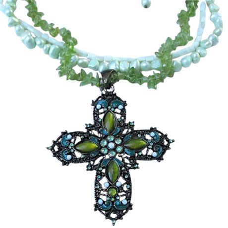 Large Bejeweled CROSS Multi Strand Necklace