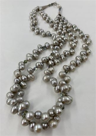 Superb Smoke Gray Baroque Pearl & Swarovski Crystal Double Strand Necklace