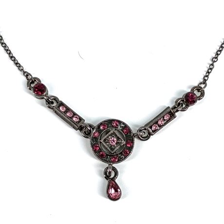 Vintage-Style Pink Crystal Necklace – Gunmetal Chain – Art Deco Inspired