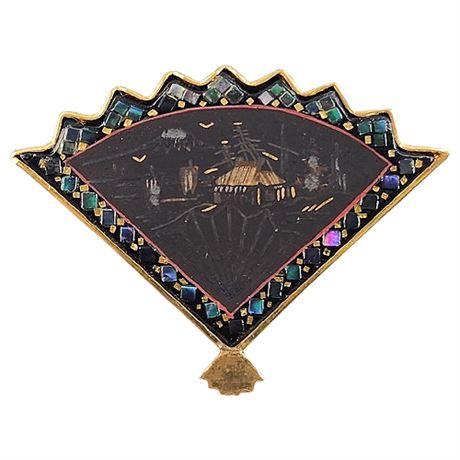 Vintage Japanese Fan Damascene Brooch