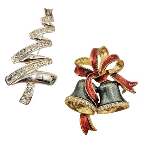 Pair Vintage Bell and Tree Christmas Brooches