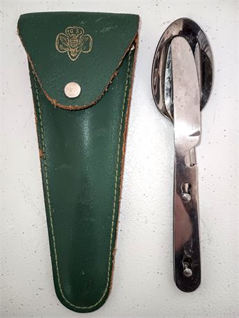 Vintage Girl Scouts Mess Kit, Interlocking Utensil Set and Leatherette Case