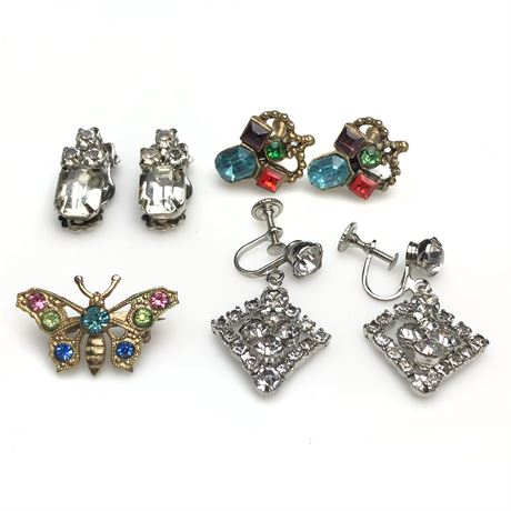 Vintage Fruit Salad Rhinestone Earrings & Butterfly Pin