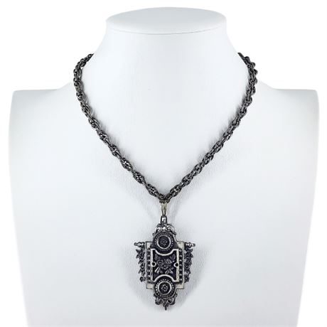 Vintage Ornate Pewter Pendant Necklace on Heavy Rope Chain
