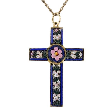 Vintage Italian Micro Mosaic Cross Pendant Necklace