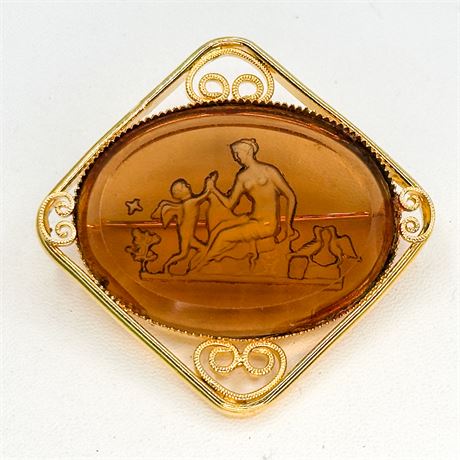 Vintage Gold Tone & Amber Glass Intaglio Brooch