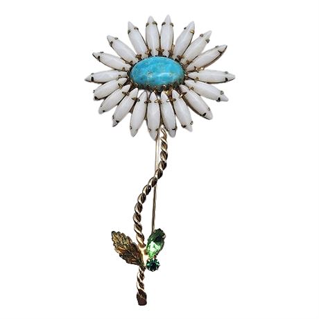 Unsigned Schreiner Faux Turquoise & Milk Glass Daisy Brooch