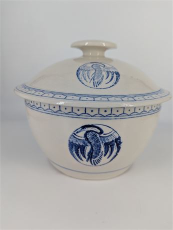 Large 10" D Blue Heron Rice Pot Pottery w/Lid