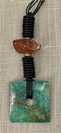 Amber & Chrysocolla Polished Stone Adjustable Length Necklace