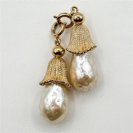 Two Vintage Sarah Coventry Gold Tone & Faux Pearl Mushroom Pendants