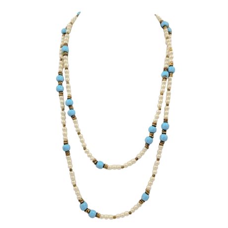 Long Strand Blue Bead and Faux Pearl Necklace