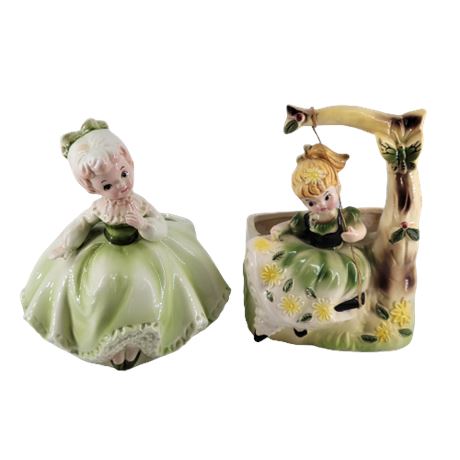 1964 INARCO Green Dress Girl Planter / 1979 Girl on Swing Planter