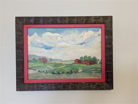 Original Signed Hand Painted Farm Scene Red Barn Professionally Painted
