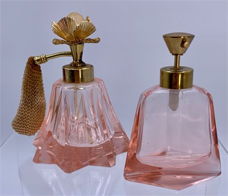 Pair of Vintage Rose Pink Glass Perfume Bottles