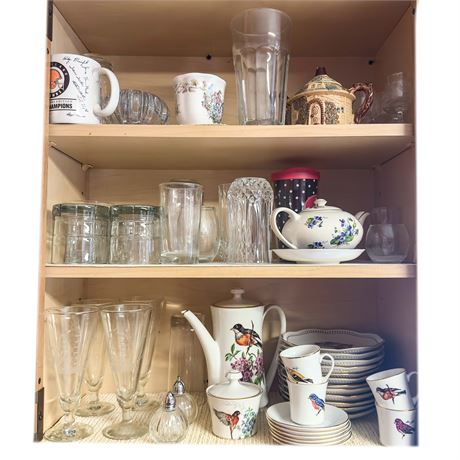 Kitchen Cupboard Lot: Teapots, Glassware & Misc