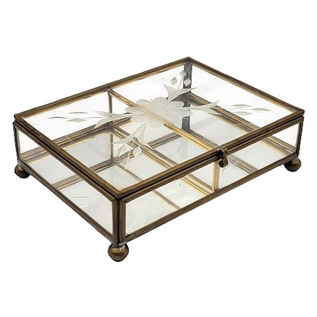 Vintage Brass & Etched Glass Mirrored Trinket Box