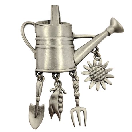 Vintage Signed JJ Jonette Pewter Watering Can Dangle Brooch