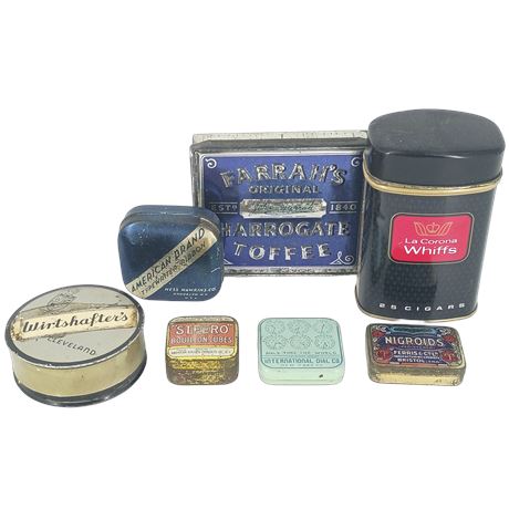 Vintage Advertising Tins Lot Farrah’s Toffee La Corona Whiffs Nigroids Steero
