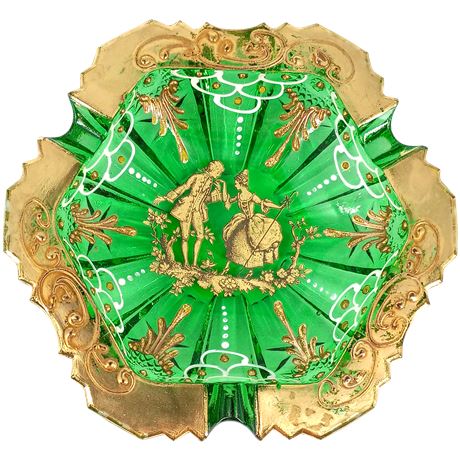Vintage Ornate Green & Gold-Tone Gilt Ashtray – Romantic Courting Scene