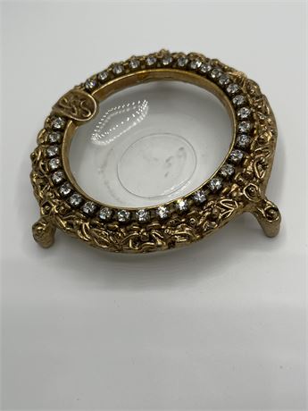 heavy metal, footed, rhinestone, gold tone, glass ashtray