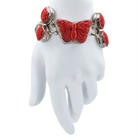 Sterling Silver & Carved Simulated Cinnabar Butterfly Statement Bracelet